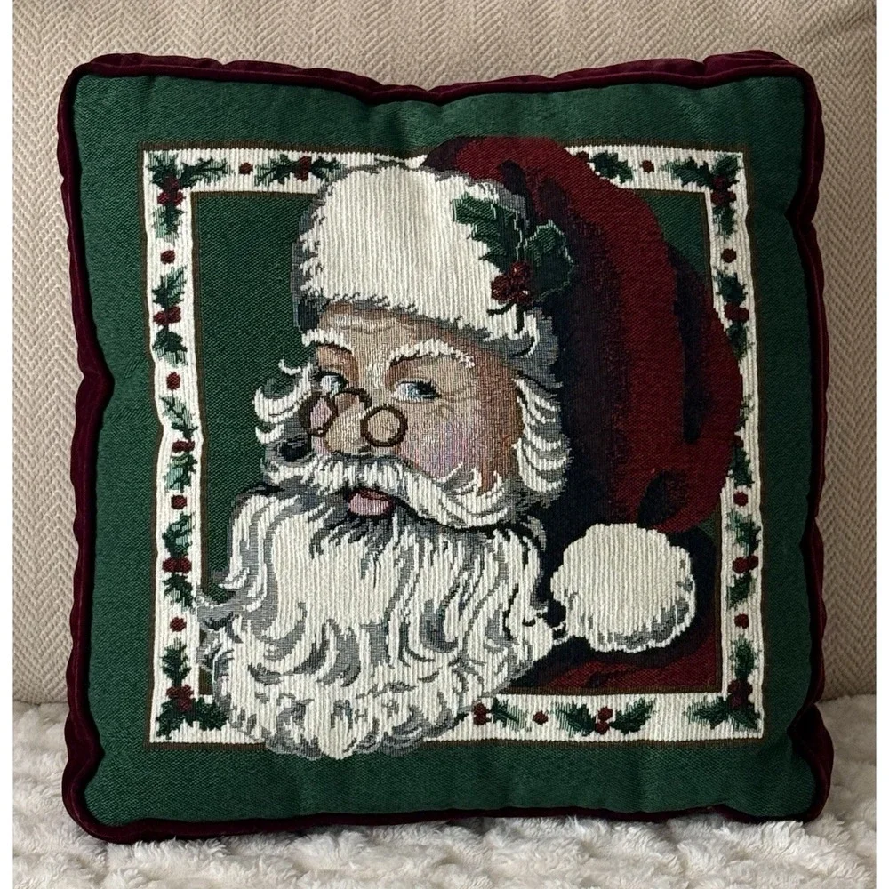 Vintage Christmas Santa Tapestry Throw Pillow With Burgundy‎ Velvet Back 16x18